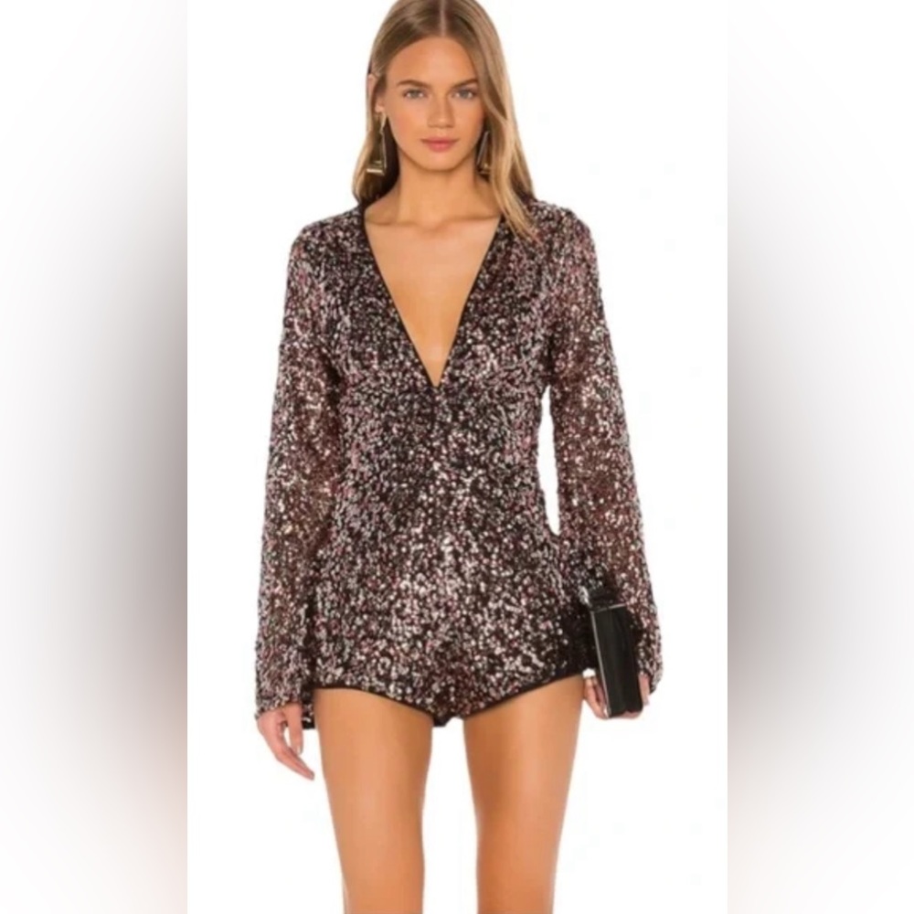 CAMILA COELHO Revolve Sequin Yarah Romper Metallic Size XS